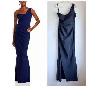 NWT Chiara Boni La Petite Robe Gredel One Shoulder Column Gown in Navy 46 (US10)